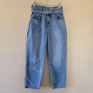 Womens High Rise Barrel Baggy Crop Jeans Sz 8 Blue Belted Pleated Balloon Korean